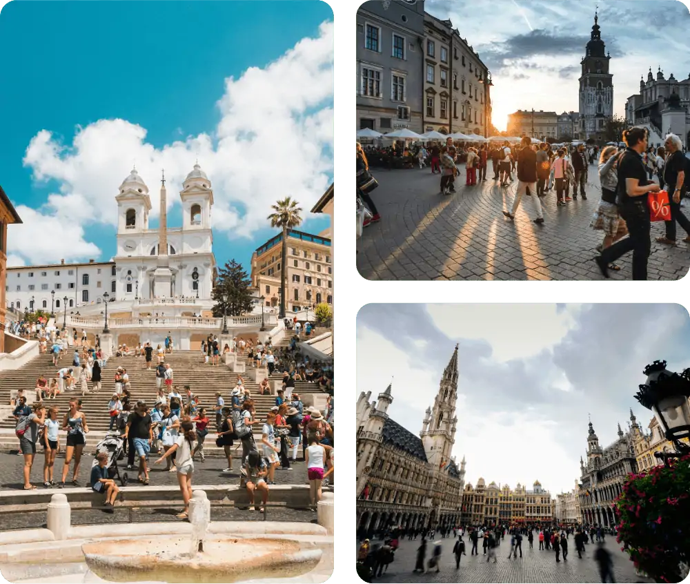 three images of European cities with people walking by famous monuments including the Spanish Steps in Rome and The Grand Palace in Brussels.