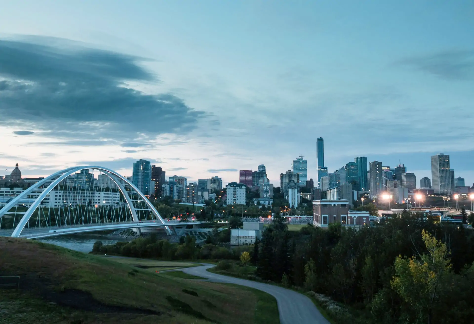 An aerial view of Edmonton with modern skyscrapers and buildings.